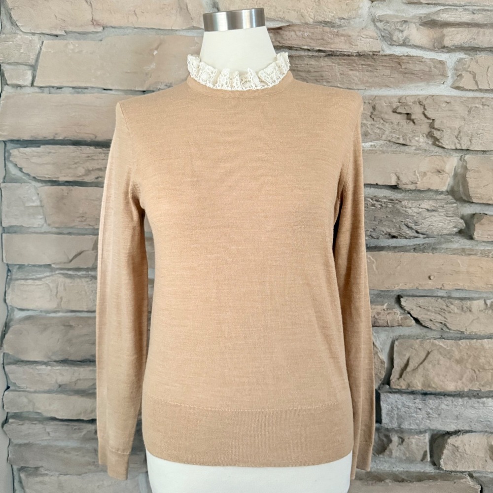 J.Crew Camel Tan 100% Merino Wool Lace Ruffle Collar Sweater Keyhole Back Small